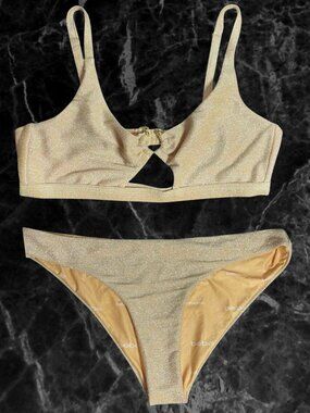 Bebe Gold Glitter Metallic Two-Piece Bikini Set Cutout Top Y2K